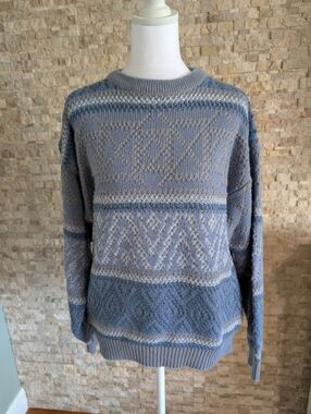 90s Vintage Saturdays Blue Geometric Patterned Knit Sweater Mens Sz S